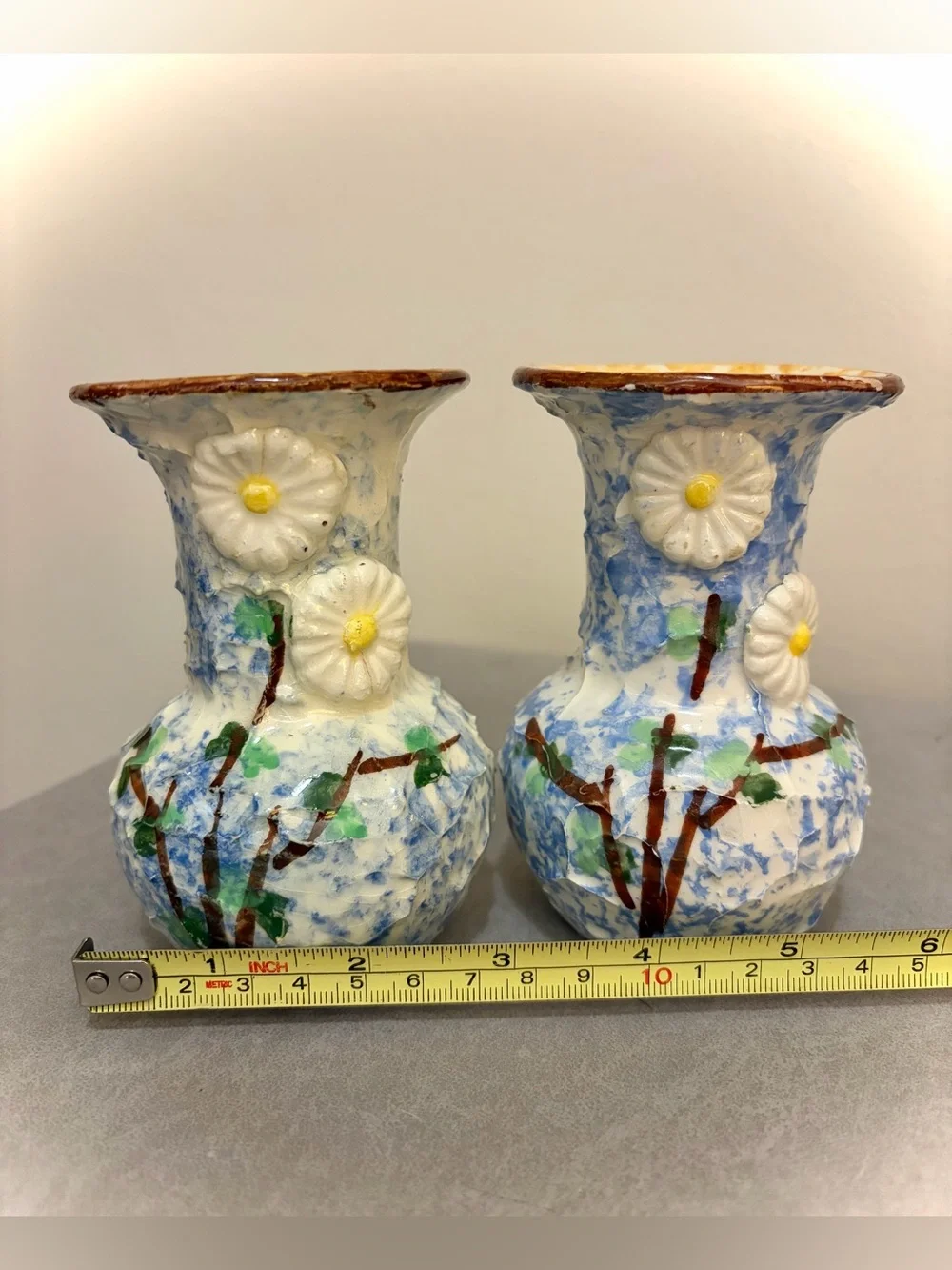 Pair Vintage Italy Hand-Painted Floral Textured Vases Blue White Signed 4.5”
